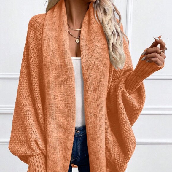 Sweaters - Orange Casual Women's Solid Color Bat Wing Sleeve Loose Open Front Cardigan